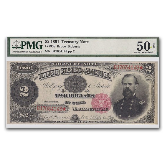 1891 $2.00 Treasury Note General James McPherson AU-50 PMG (Net) 1891 $2.00 Treasury Note General James McPherson AU-50 PMG (Net)